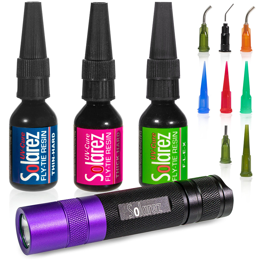 Solarez Pro Roadie UV Kit with three resin formulas and a high-output UV flashlight for all fly tying needs.