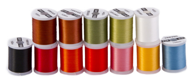 Assorted colors of Veevus 14/0 thread, offering versatility in small fly tying