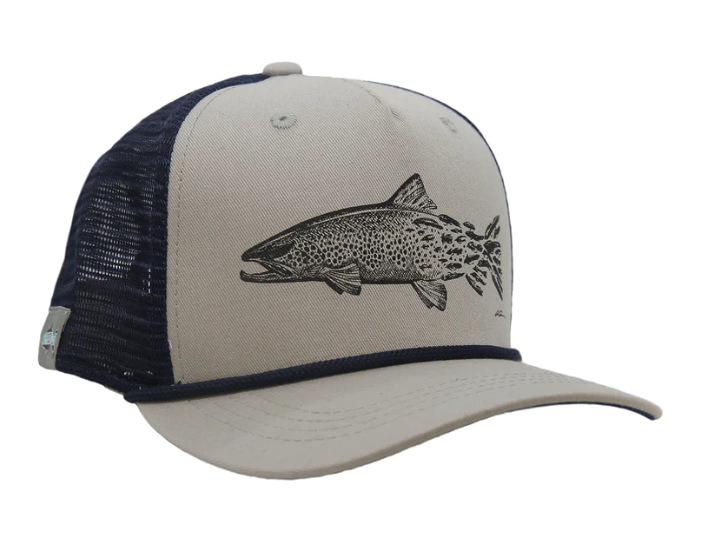 Rep Your Water Brown Snacks 5 Panel Hat is a great trout fly fishing hat with cool trout artwork.