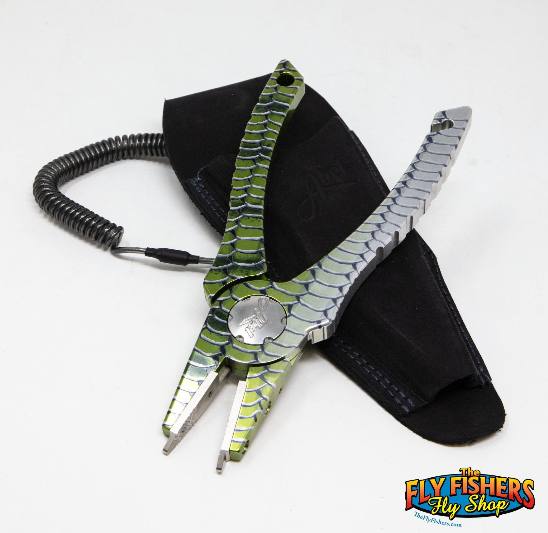 Abel Pliers in bonefish finish with sheath and lanyard