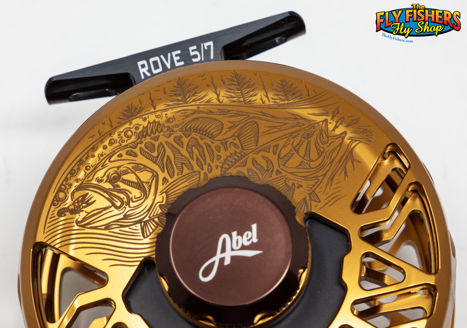 Detail of engraving of Abel Rove 5/7 Fly Reel Bronze/Dark Brown Knob/Underwood Timber Smallies/Black Handle