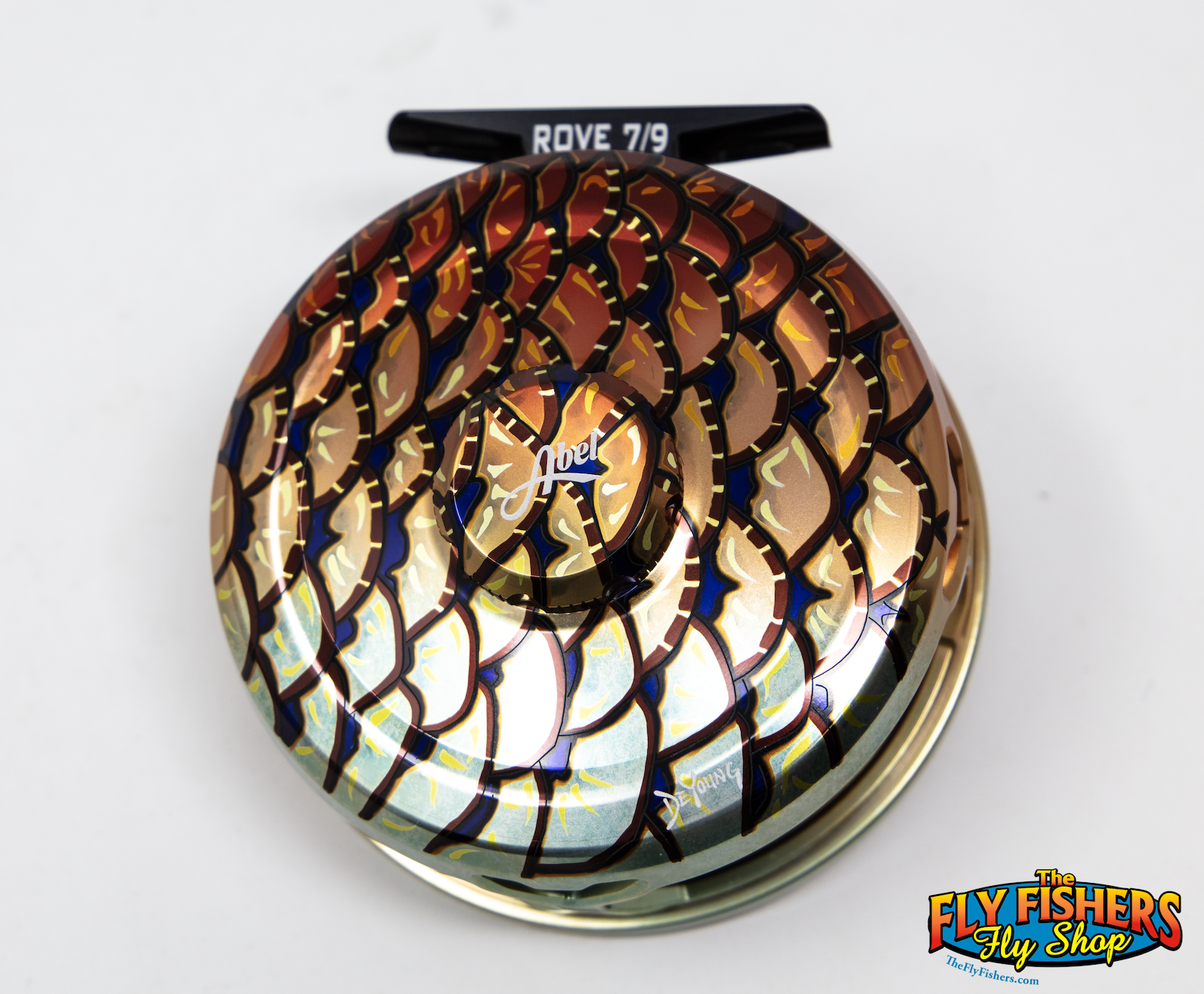 Front view of Abel ROVE 7/9 Fly Reel - Custom Shop DeYoung Carp Flank/Black Handle