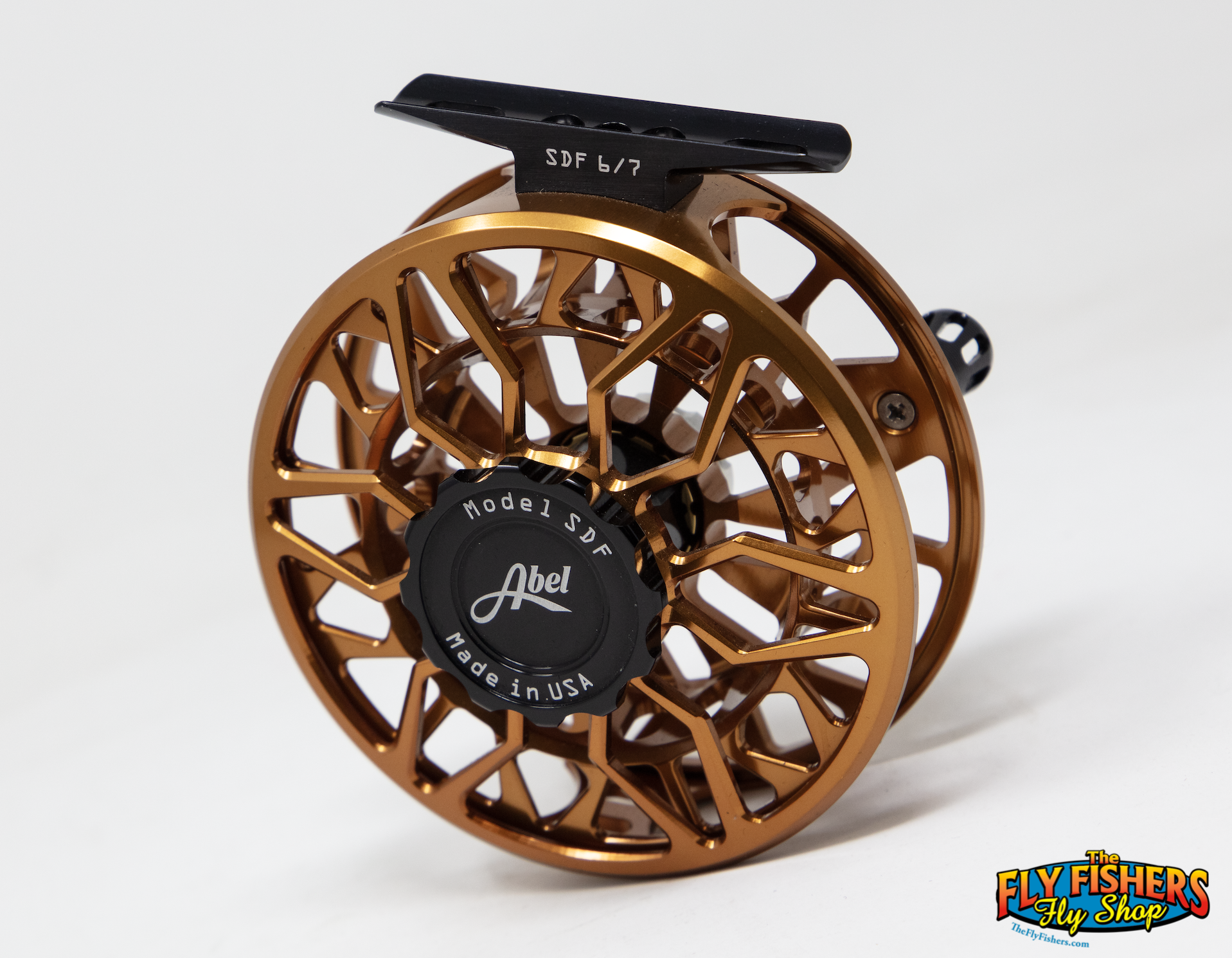 Front angle view of Abel SDF 6/7 Fly Reel - Custom Shop Bronze/Black/Black