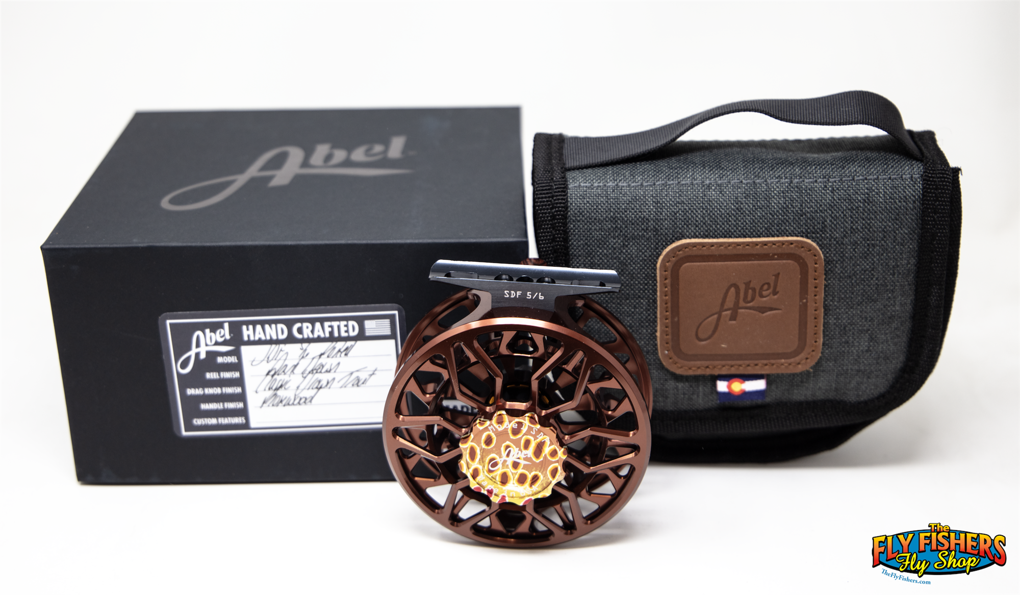 Abel SDF 5/6 Fly Reel - Custom Shop Dark Brown/Classic Brown Trout with box and pouch