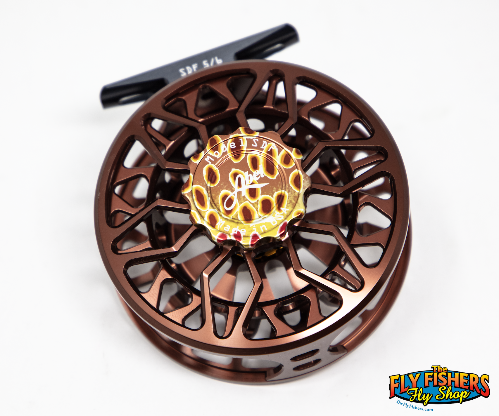 Front angle detail shot of Abel SDF 5/6 Fly Reel - Custom Shop Dark Brown/Classic Brown Trout