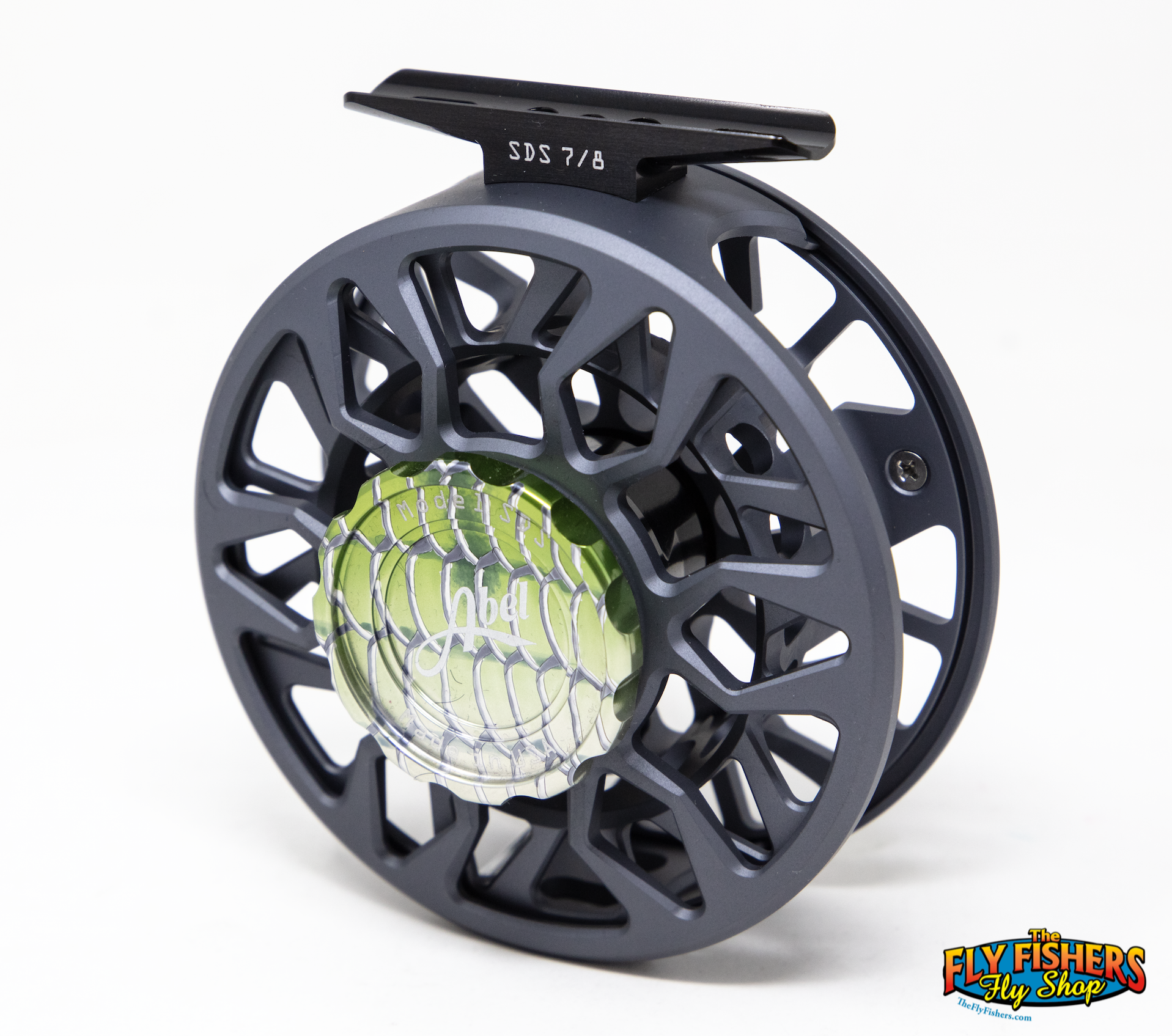 Front of Abel SDS 7/8 Fly Reel - Custom Shop Satin Slate Grey with Bonefish Drag Knob