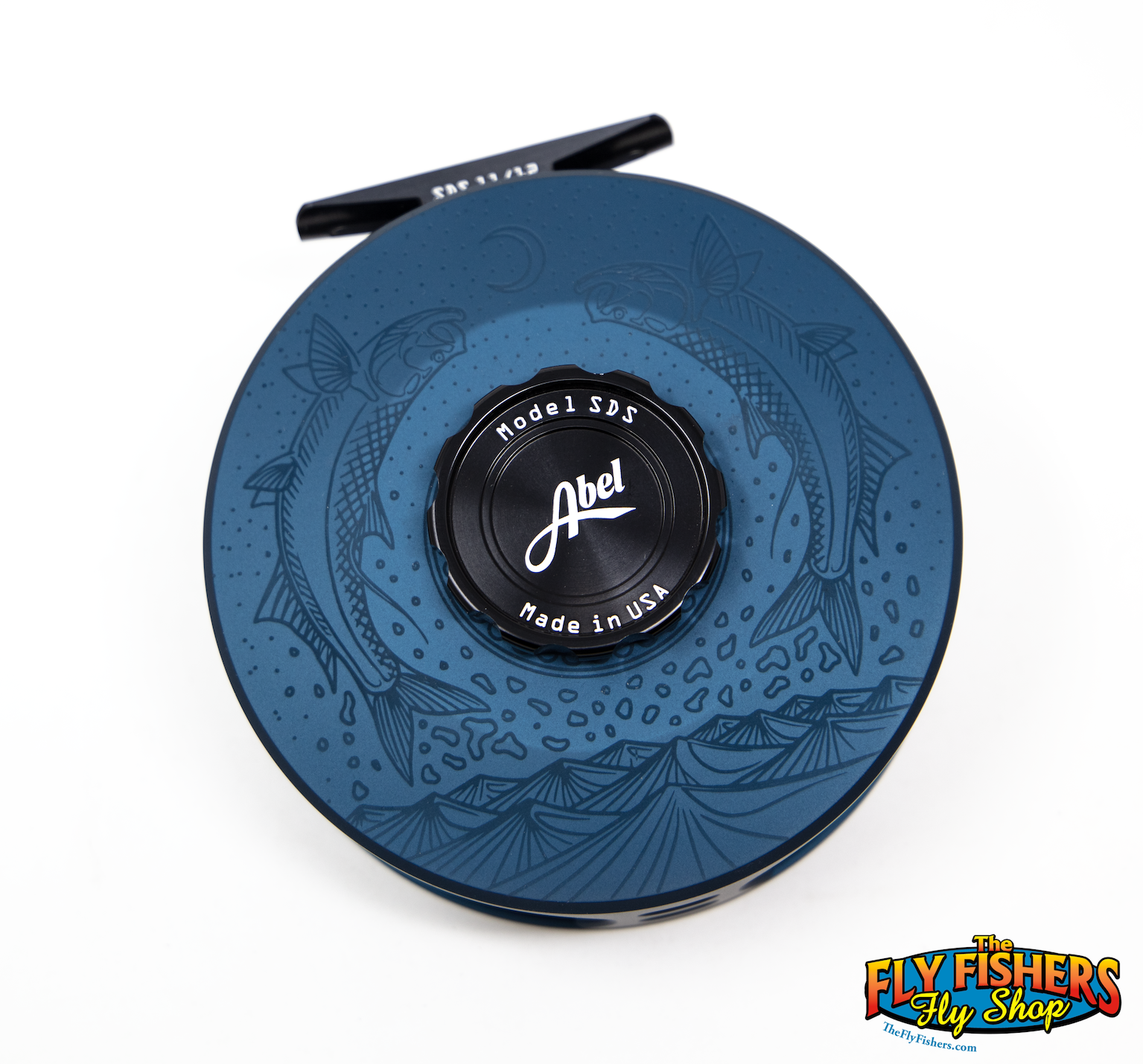 Front of Abel SDS 11/12 Fly Reel - Custom Shop Satin Deep Blue with Underwood Moondance Engraving