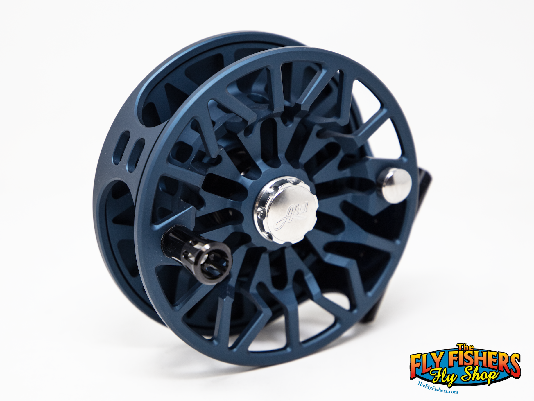 Back of Abel SDS 11/12 Fly Reel - Custom Shop Satin Deep Blue with Underwood Moondance Engraving