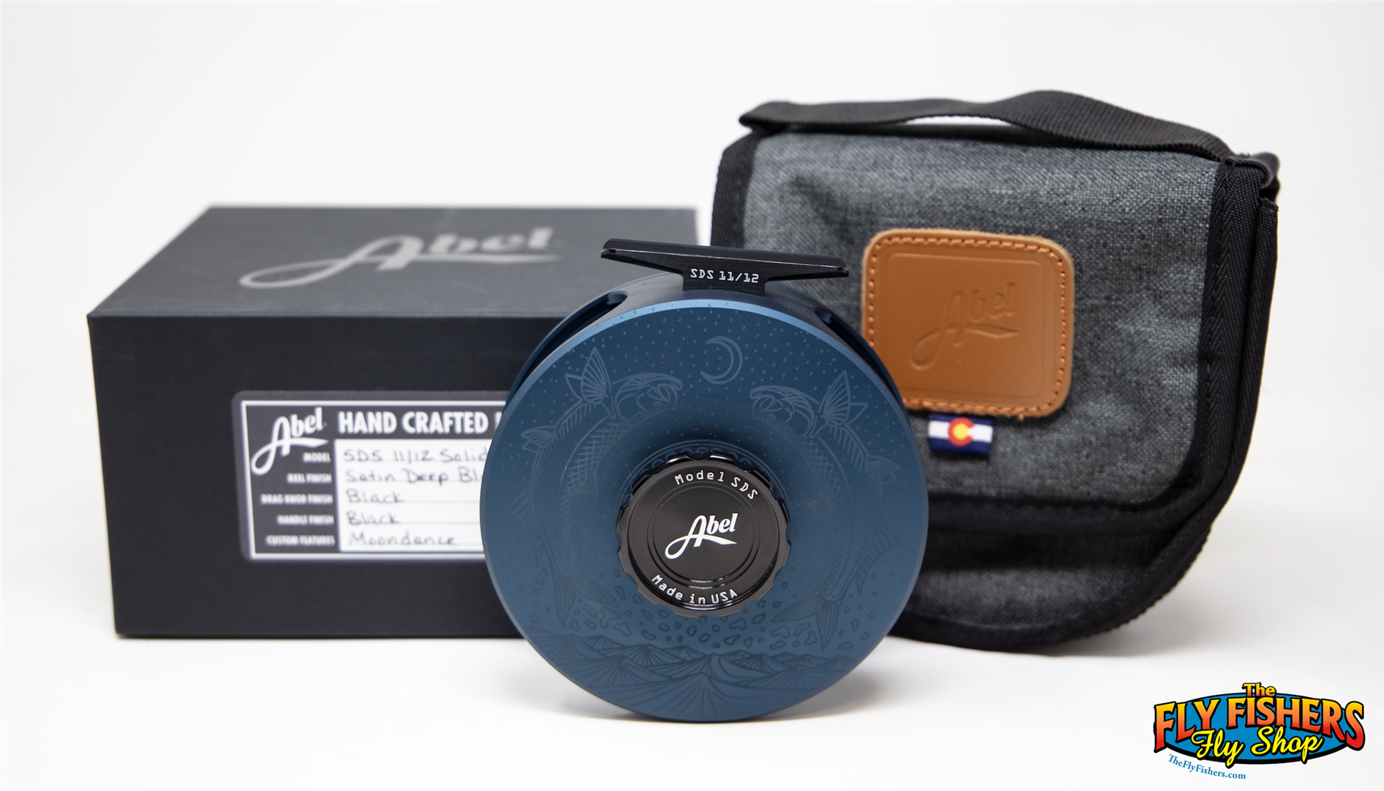 Abel SDS 11/12 Fly Reel - Custom Shop Satin Deep Blue with Underwood Moondance Engraving with reel pouch and box