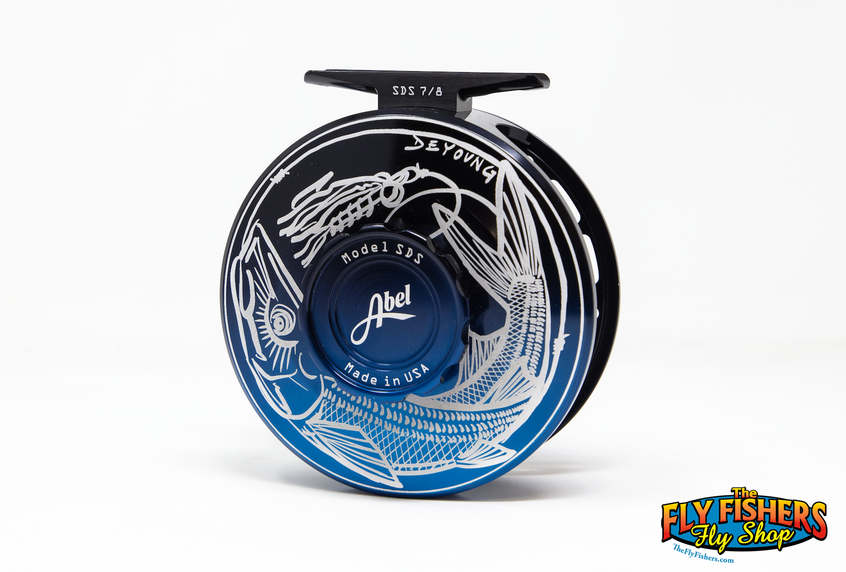 Front angle view of  Abel SDS 7/8 Fly Reel - Custom Shop Black/Blue Fade DeYoung Missile Lock