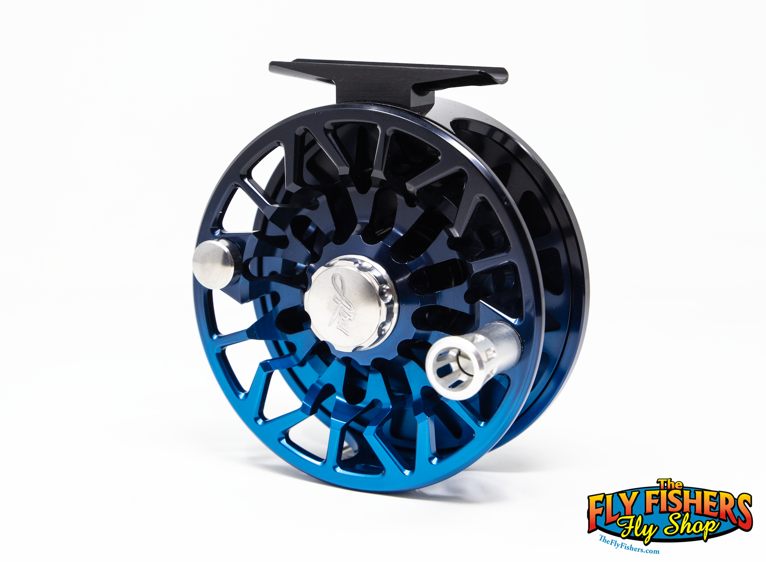 Back angle view of  Abel SDS 7/8 Fly Reel - Custom Shop Black/Blue Fade DeYoung Missile Lock