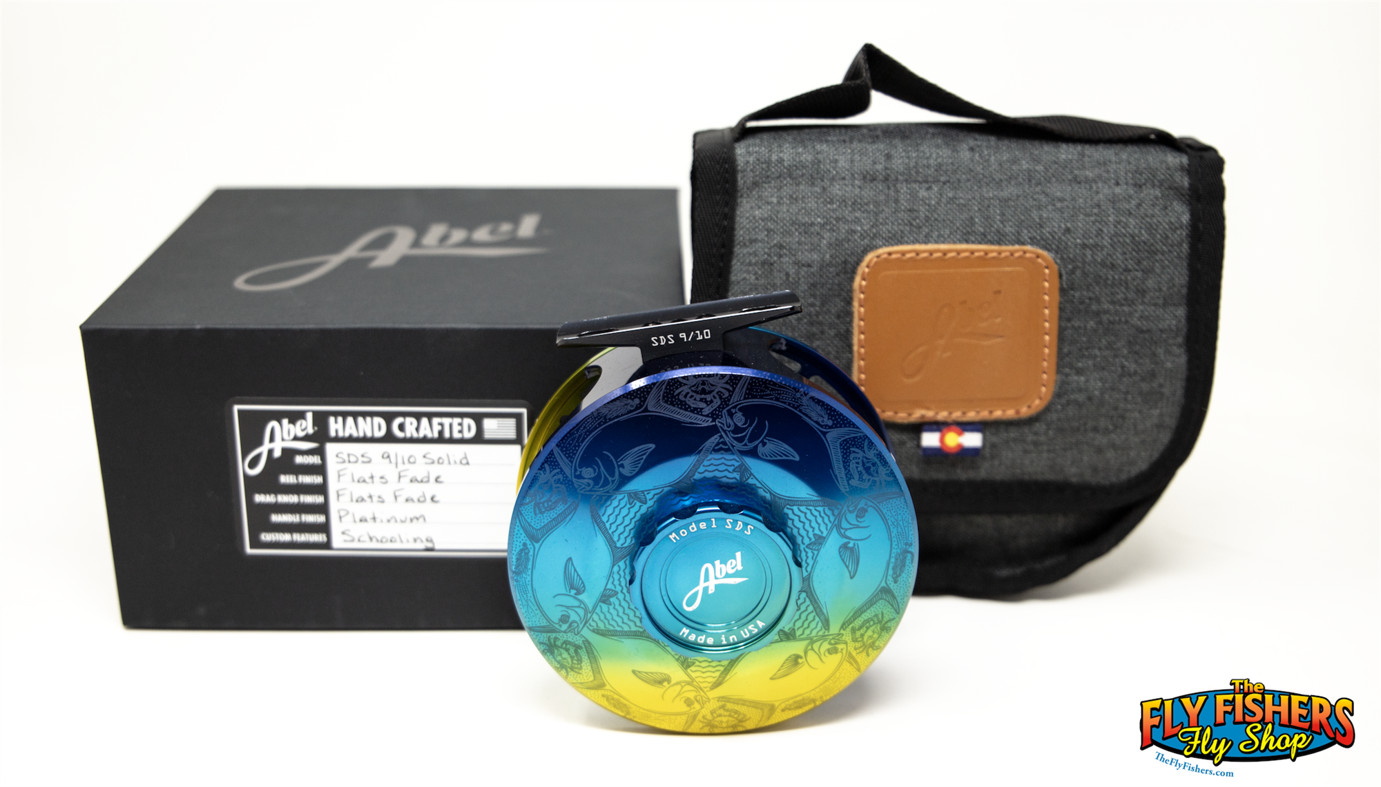 Abel SDS 9/10 Flats Fade Schooling Permit Engraving Fly Reel with box and pouch
