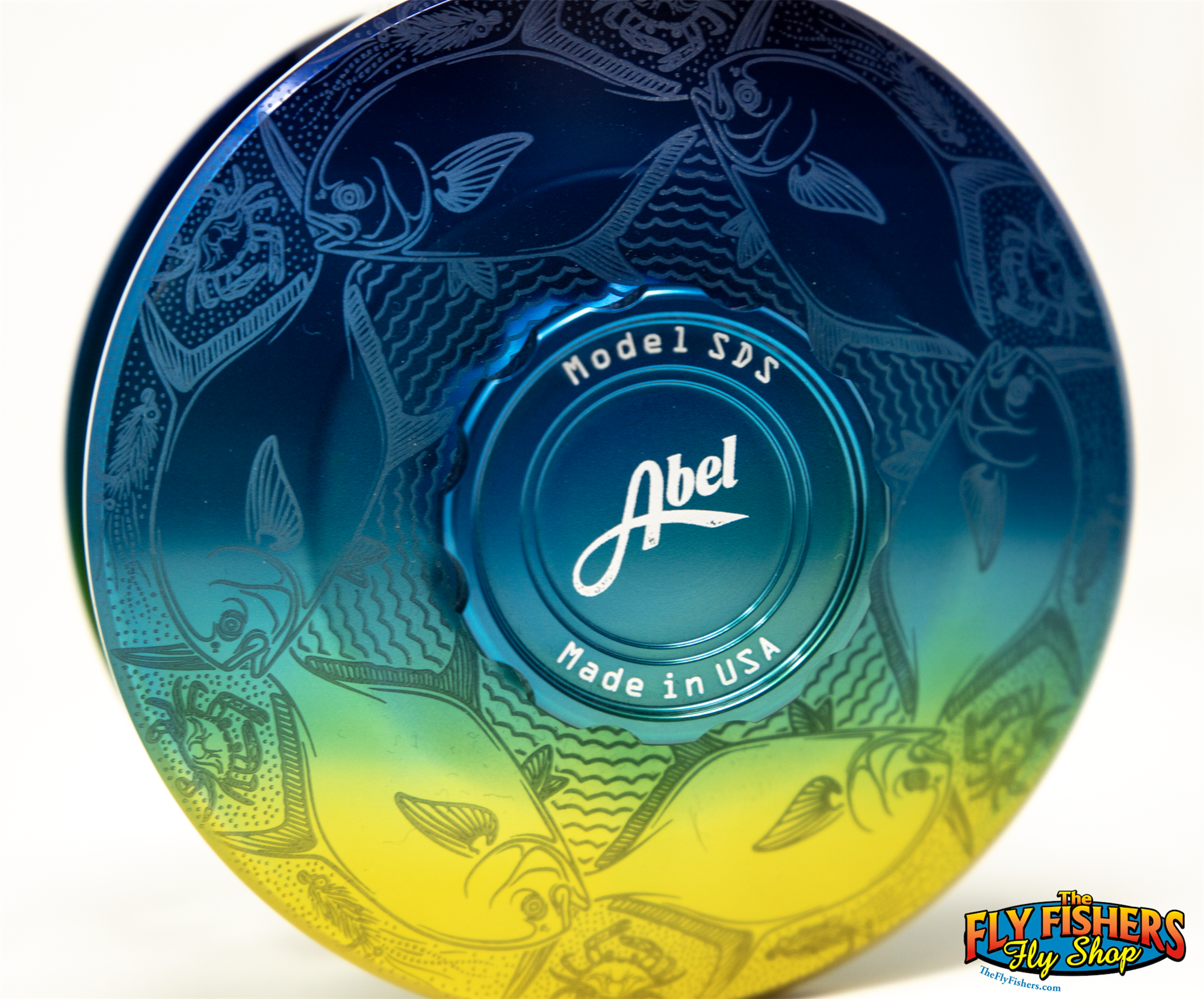 Detail view of Abel SDS 9/10 Flats Fade Schooling Permit Engraving Fly Reel