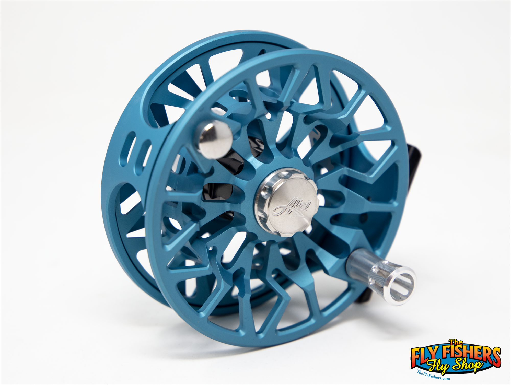 Back of Abel SDS 9/10 Fly Reel - Custom Shop Satin Teal w/ Tarpon Drag Knob at an angle