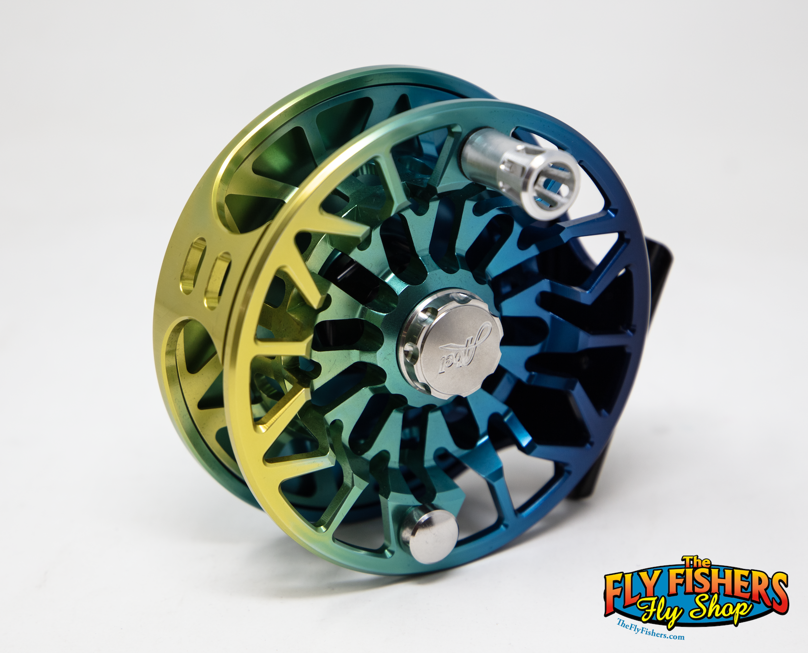 Back of Abel SDS 9/10 Fly Reel - Custom Shop Flats Fade Solid Frame w/ Platinum Handle