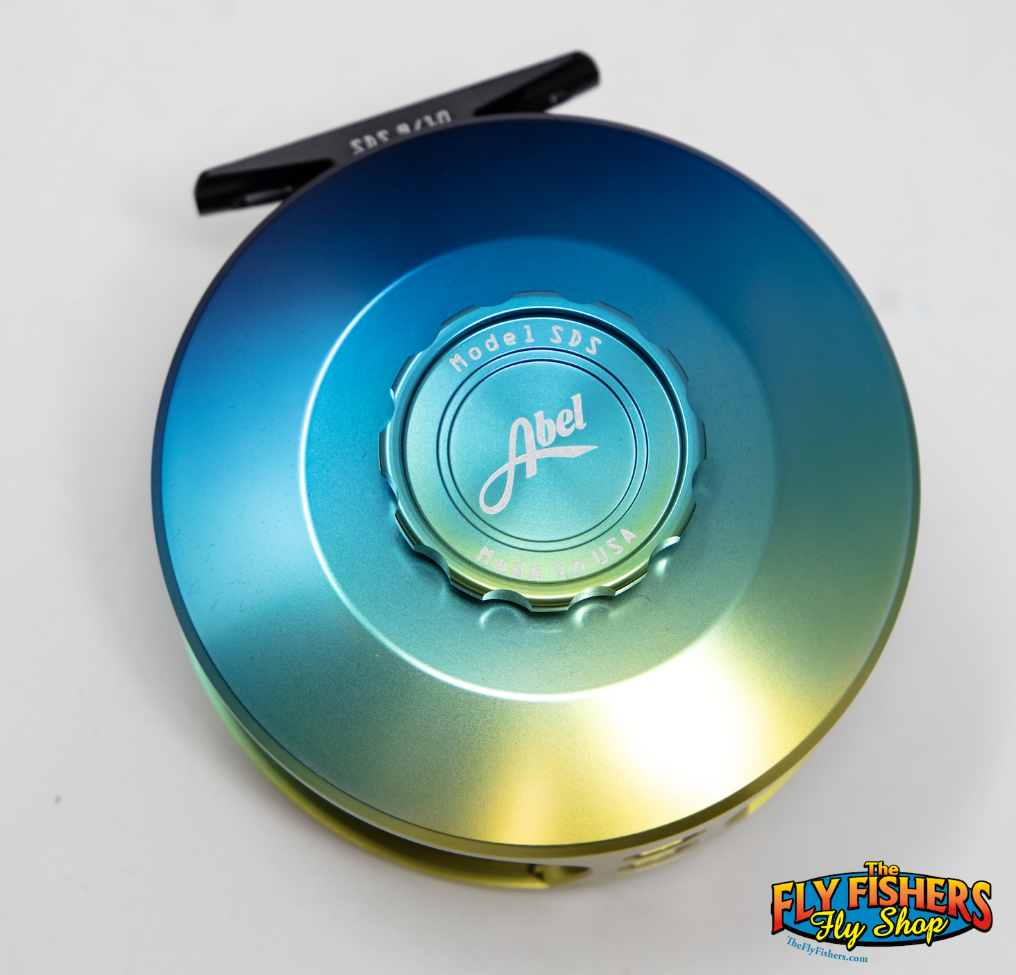 Front of Abel SDS 9/10 Fly Reel - Custom Shop Flats Fade Solid Frame w/ Platinum Handle