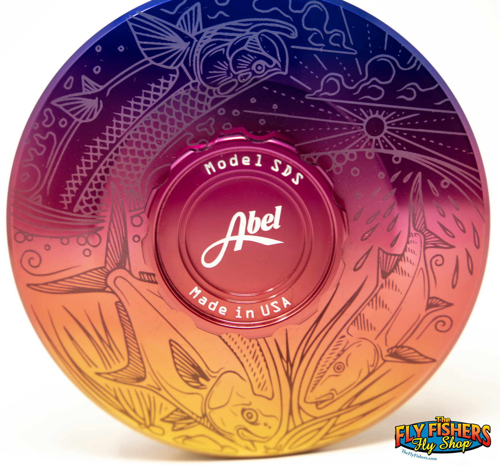 Detail and up close image of the engraving artwork on this Abel SDS saltwater fly fishing reel