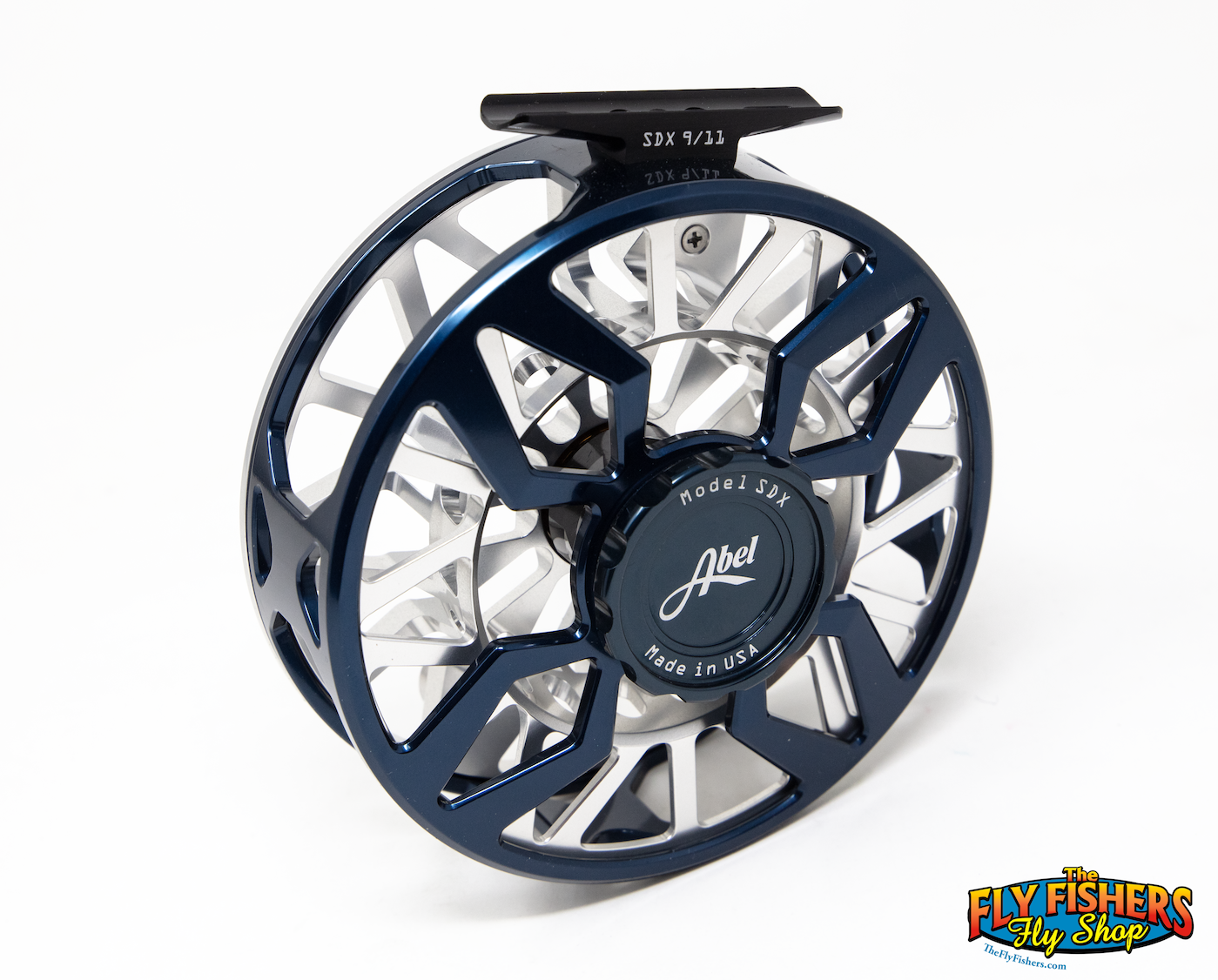 Front angle view of Abel SDX 9/11 Deep Blue Frame/Platinum Spool Fly Reel