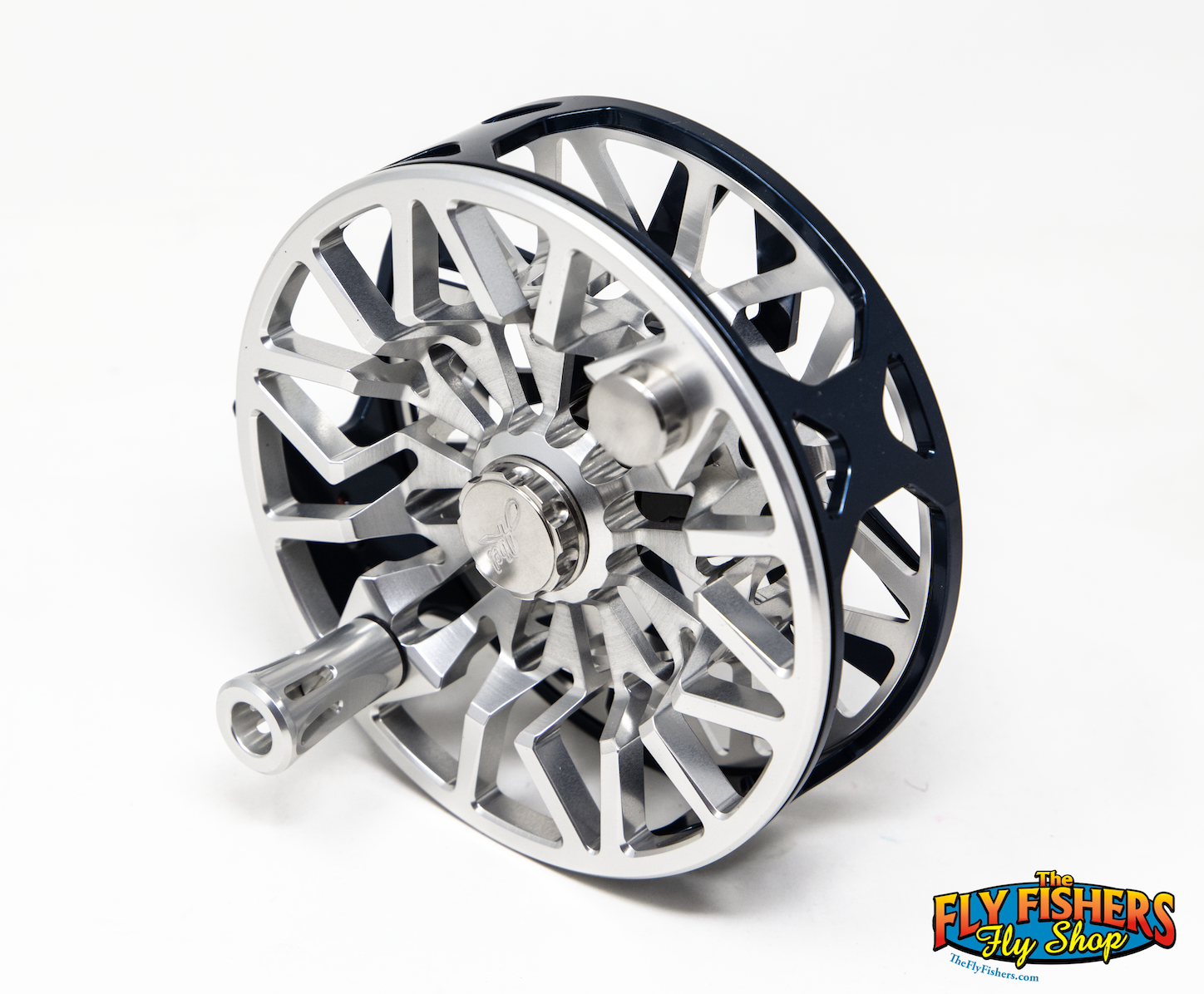 Spool angle view of Abel SDX 9/11 Deep Blue Frame/Platinum Spool Fly Reel