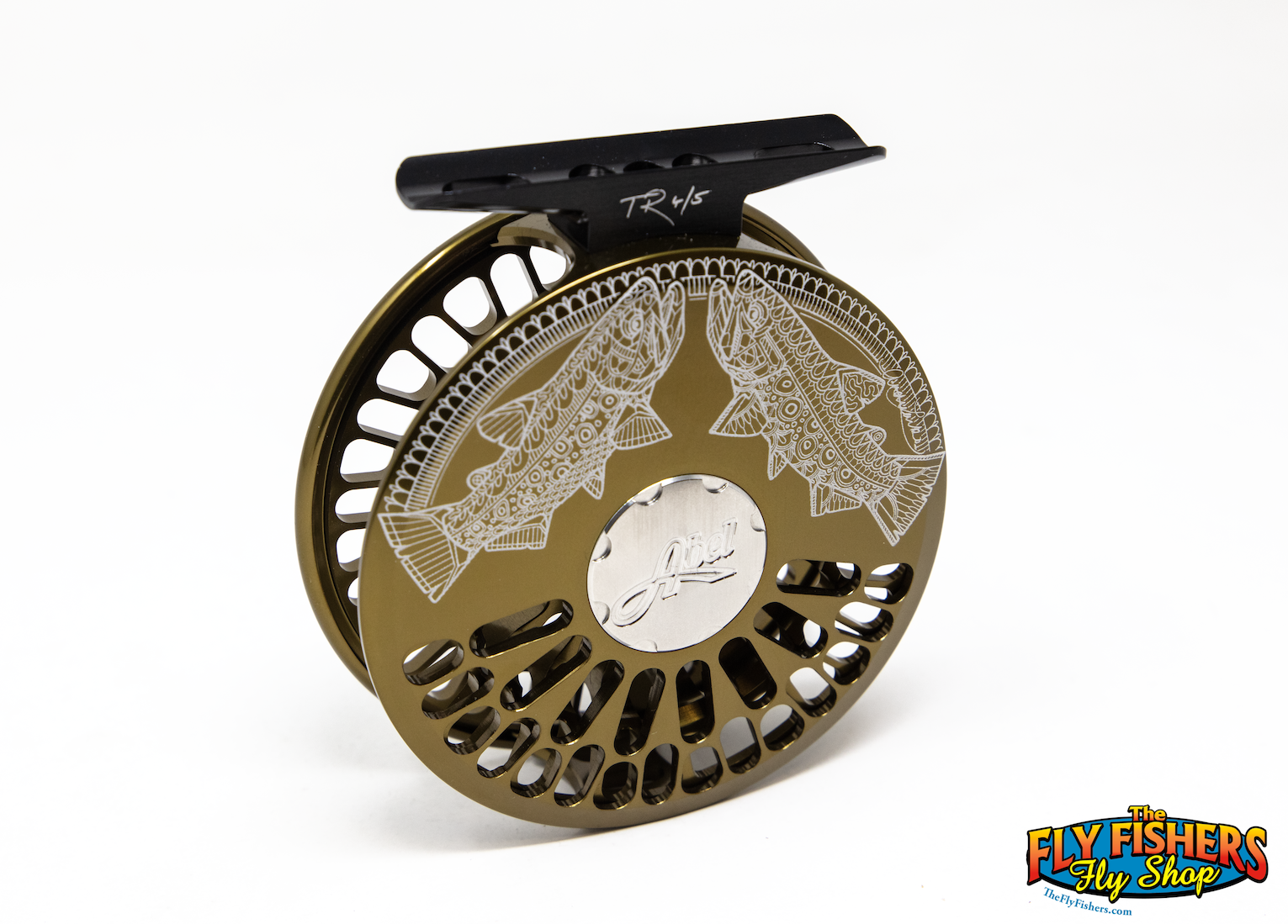 Front angle view of Abel TR 4/5 Fly Reel - Custom Shop Dark Olive Larko Babbling Brook