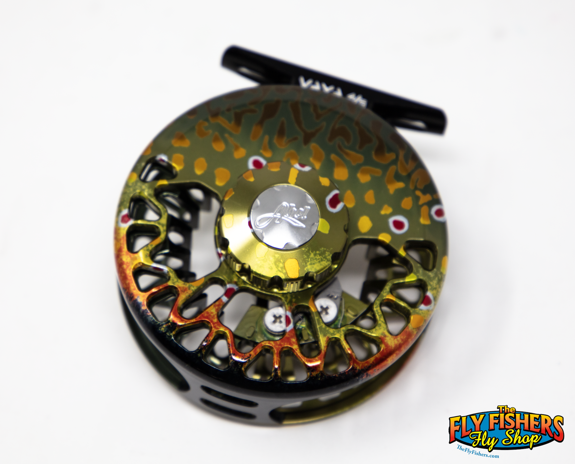 Front of Abel VAYA 4/5 Fly Reel - Custom Native Brook Trout/Ebony Handle