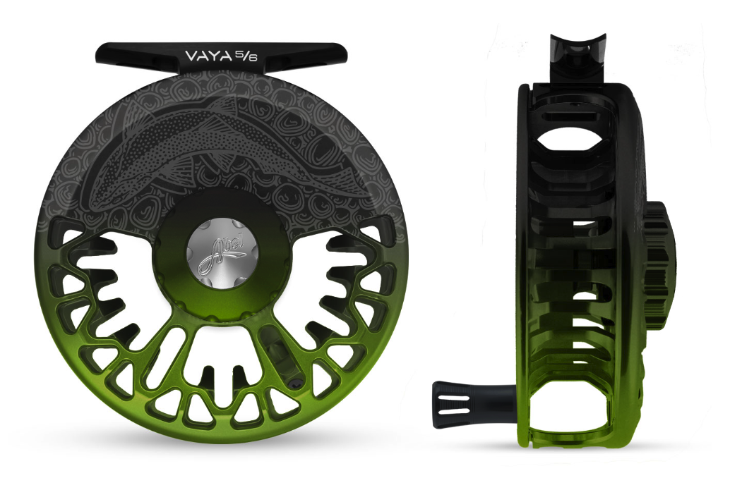 Abel VAYA 5/6 Fly Reel - Underwood Sight Fish engraving with Black/Green Fade color