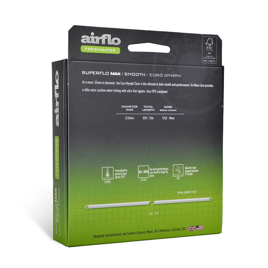 Airflo Superflo Max Smooth Euro Nymph Line back of box with braid core specifications