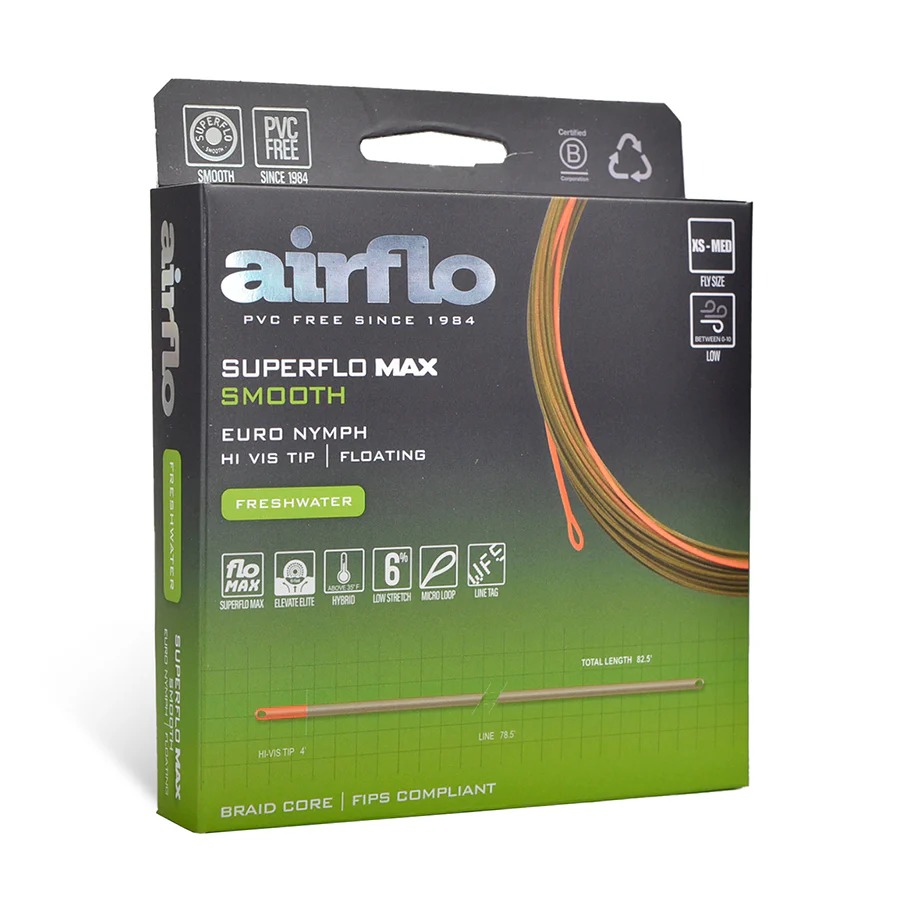 Airflo Superflo Max Smooth Euro Nymph Line box back with 0.55mm diameter and mono core details