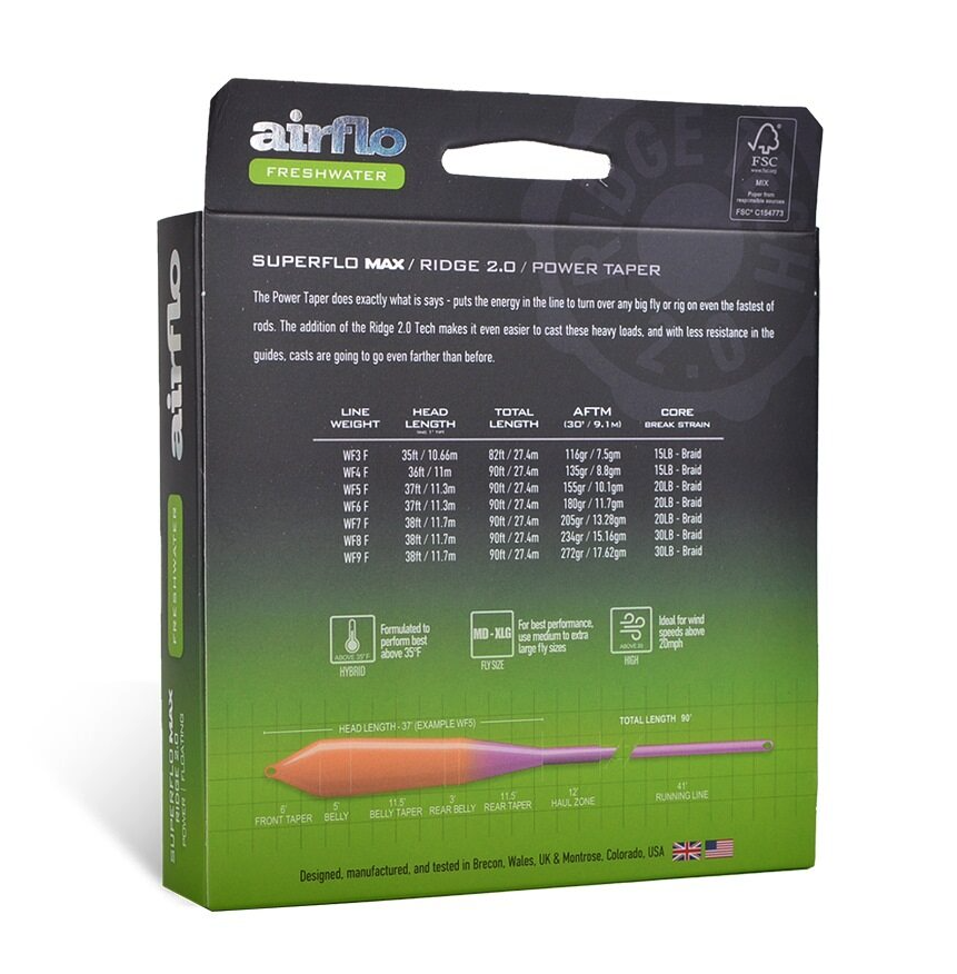 Back of box for Airflo Superflo Max Ridge 2.0 Power Taper Fly Line