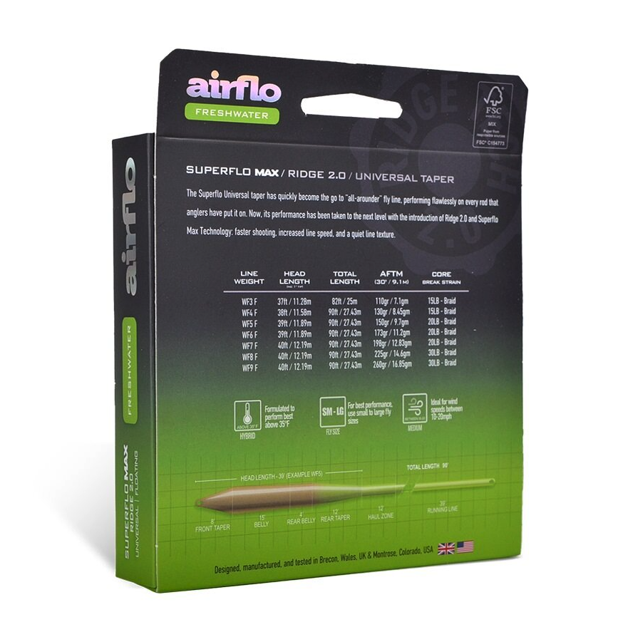 Back of box of Airflo Superflo Max Ridge 2.0 Universal Fly Line