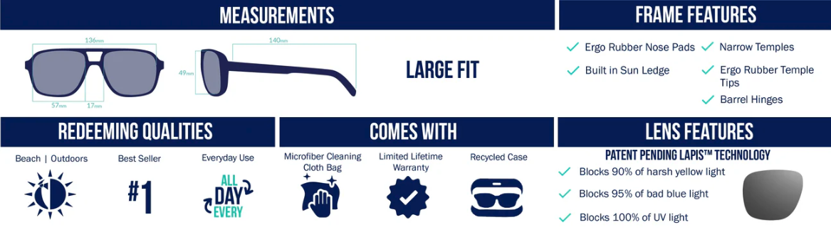 Baj&iacute;o 12 South polarized fishing sunglasses measurements and LAPIS lens technology blue light blocking UV protection