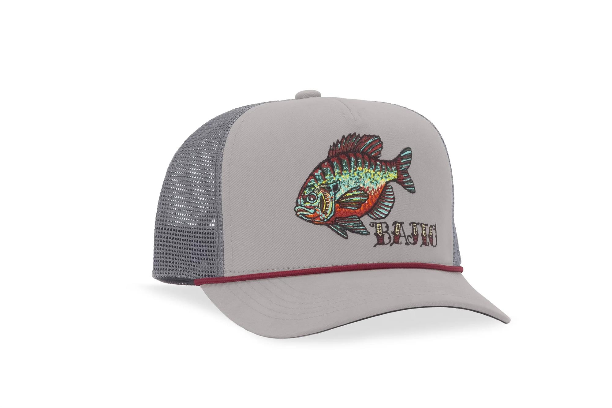 Adjustable snapback Bajio Bluegill Trucker Hat rear view with gray mesh design