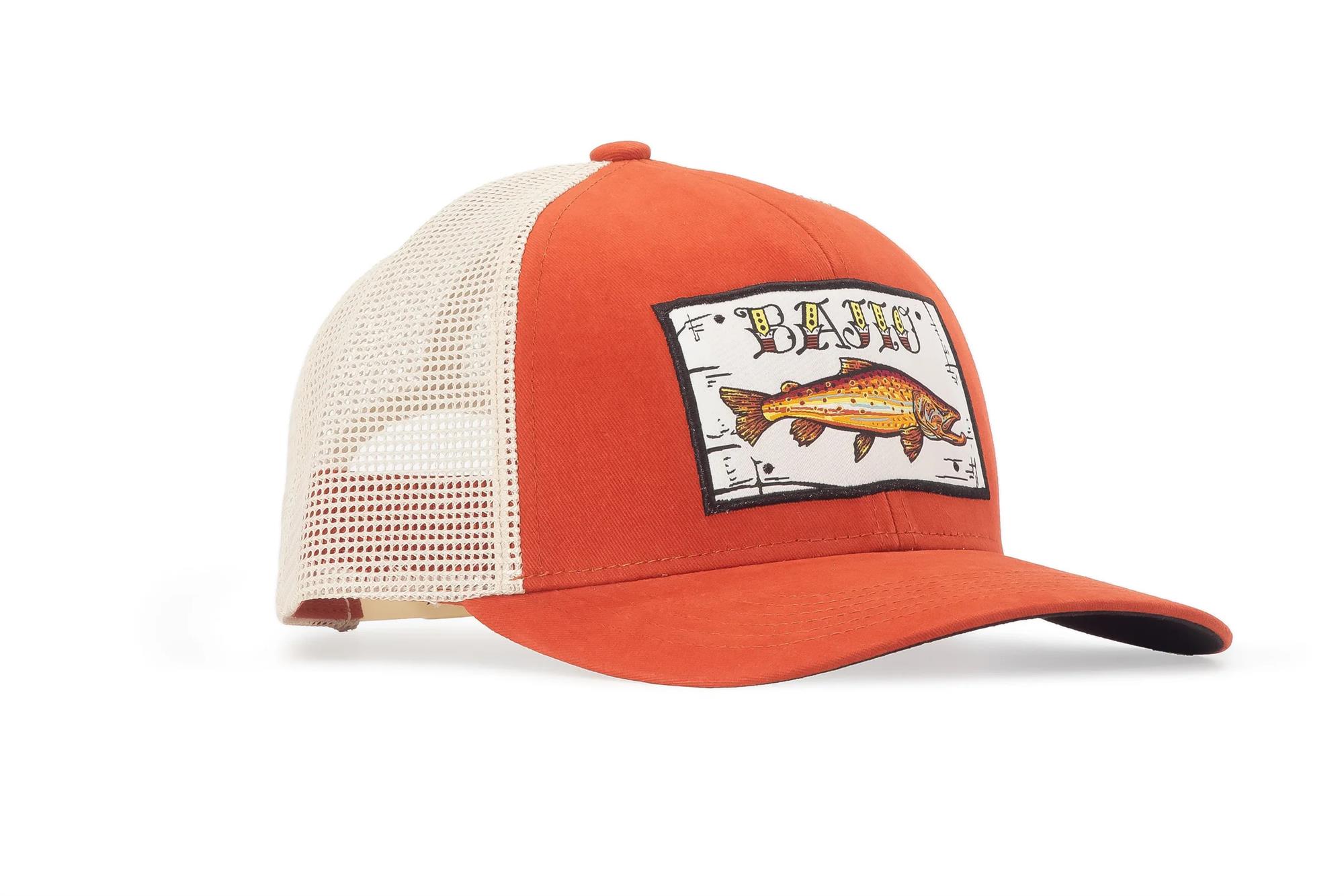 Outdoor fishing hat with embroidered trout patch and vintage Bajio logo