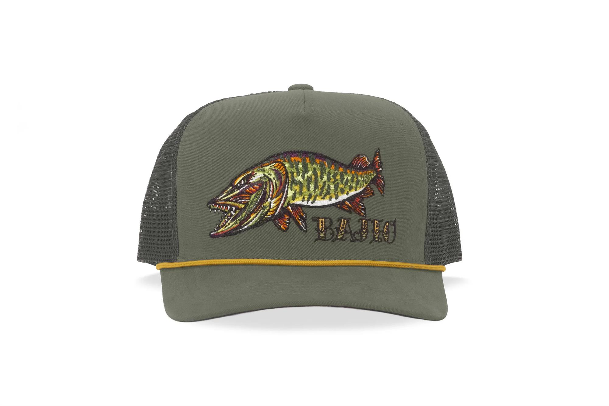 Outdoor performance fishing hat with embroidered musky patch and curved bill