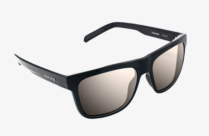 Angled view of the Bajio Hopedale Polarized Sunglasses Black Gloss Silver Mirror.
