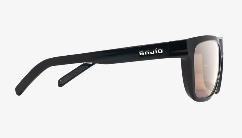 Side profile view of the Bajio Hopedale Polarized Sunglasses Black Gloss Silver Mirror.