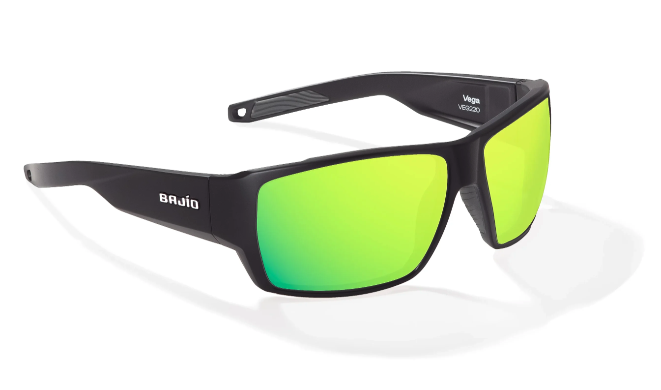 Bajio Vega Polarized Sunglasses with Matte Black frame and Green Mirror lens