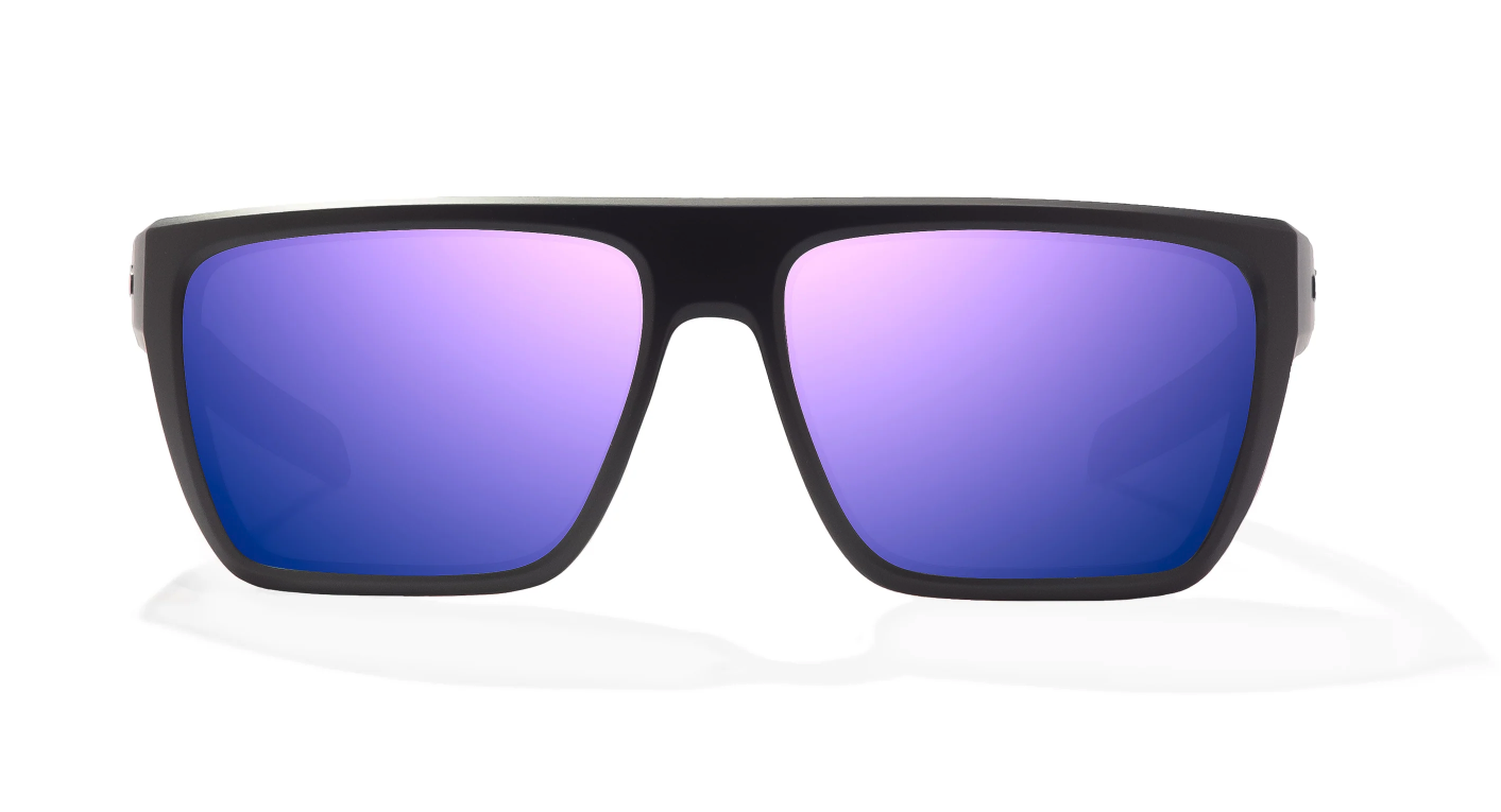 Front view of  Bajio Zapata Polarized Sunglasses Matte Black Violet Mirror