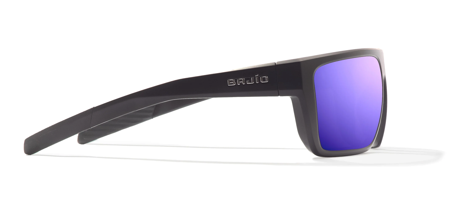 Side view of  Bajio Zapata Polarized Sunglasses Matte Black Violet Mirror