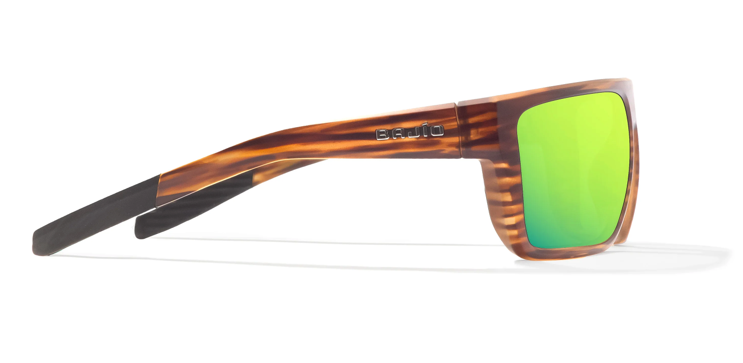 Side view of  Bajio Zapata Polarized Sunglasses Brown Grass Green Mirror