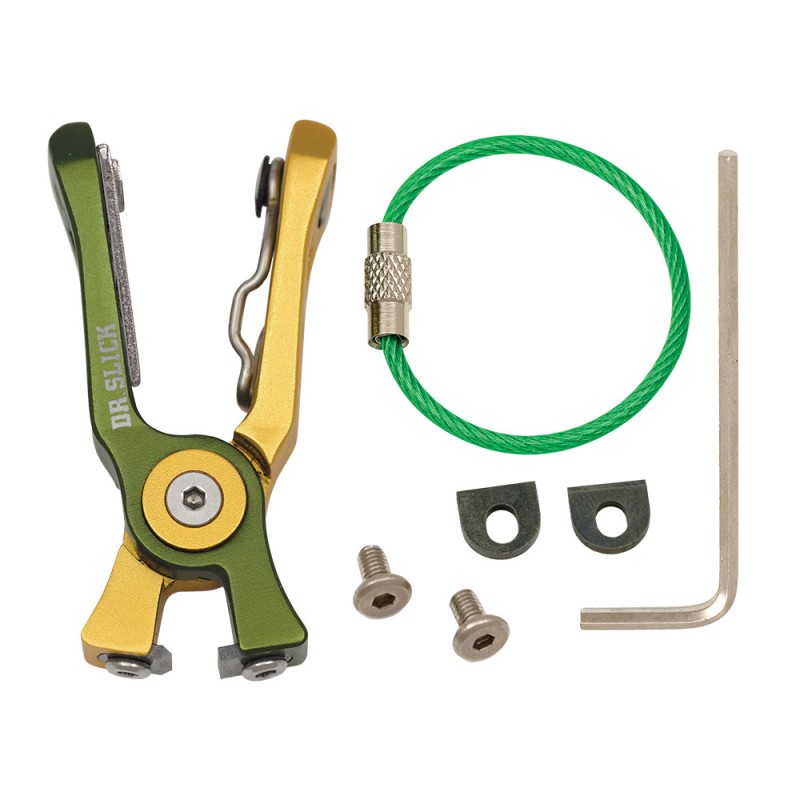 Dr. Slick Cyclone straight fly fishing nipper in green and gold with tungsten carbide cutters and replacement hardware