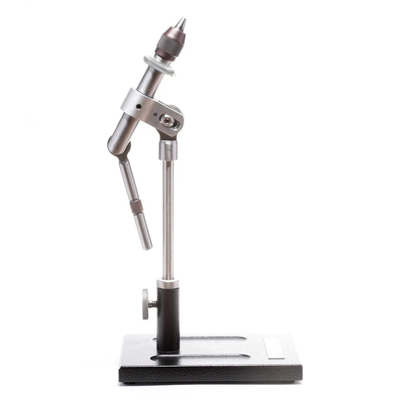 Dyna-King Professional Fly Tying Vise side view angle adjustment high angle.