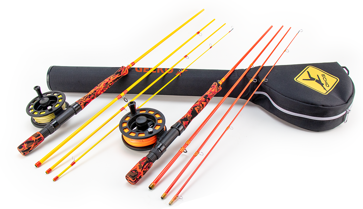 Echo Gecko Kids Fly Rod Outfit, complete with rod, reel, and line, perfect for beginner young anglers.