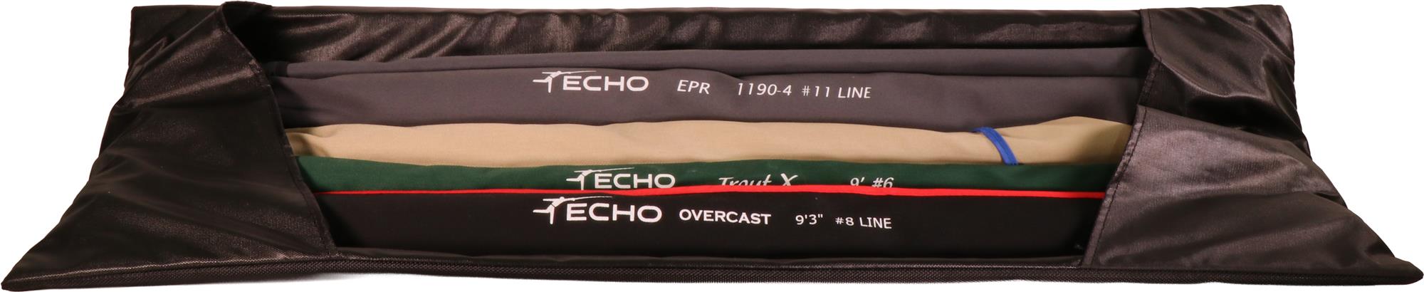 ECHO rod roll storage case holding multiple fly rods, quick-access organization for travel and flats boats