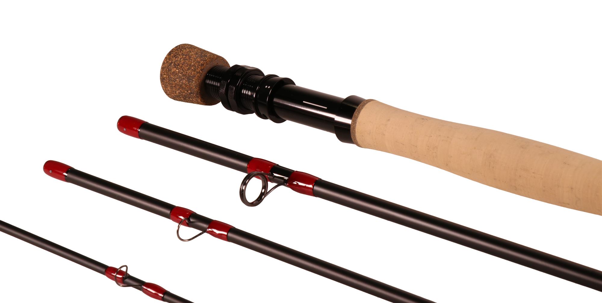 ECHO OverCast fly rod guide detail with red wraps and matte black blank, high line speed saltwater fly rod build
