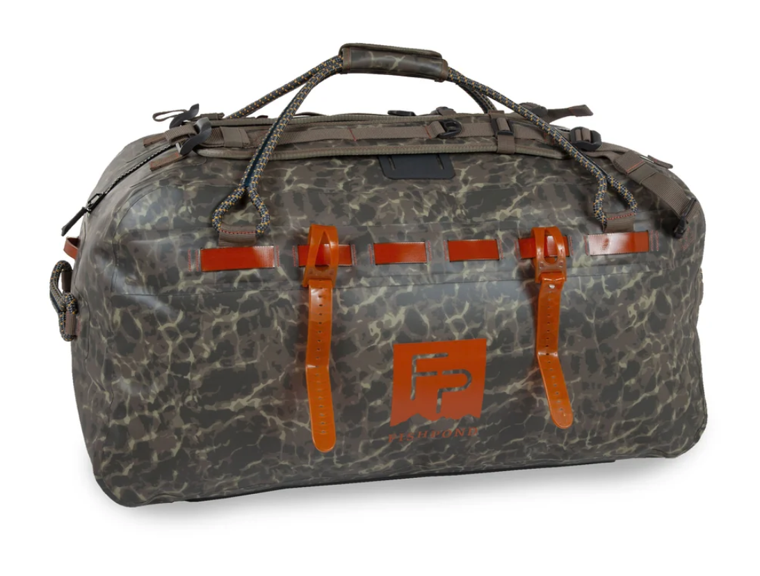 Front angle view of  Fishpond Thunderhead Grande Submersible Duffel Shadowcast Camo