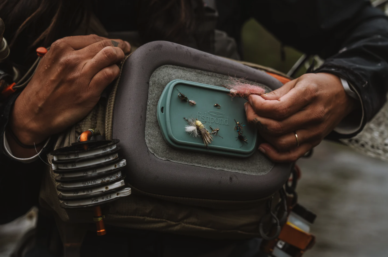 Fishpond Tacky Grande Fly Dock MagPad on sling pack with flies