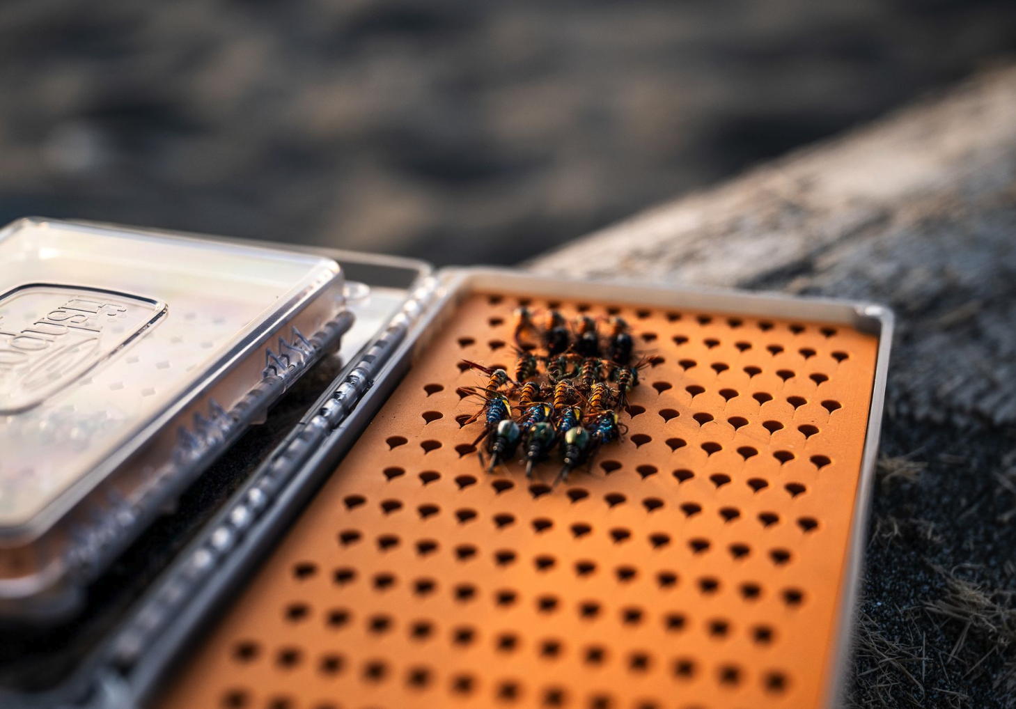 Tacky Original Fly Box Burnt Orange close up with flies