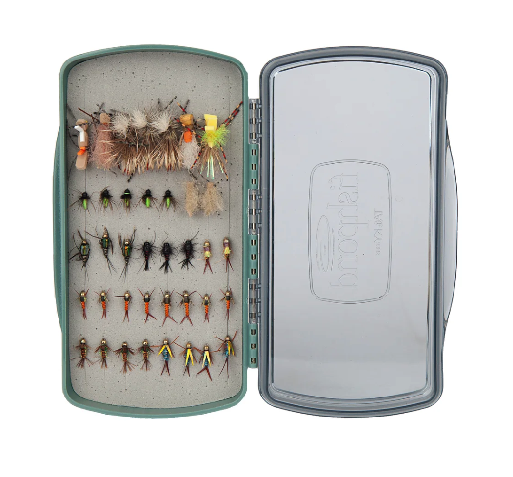 Fishpond Tacky Pescador Dynamic Foam Clear Lid Fly Box Medium open with flies