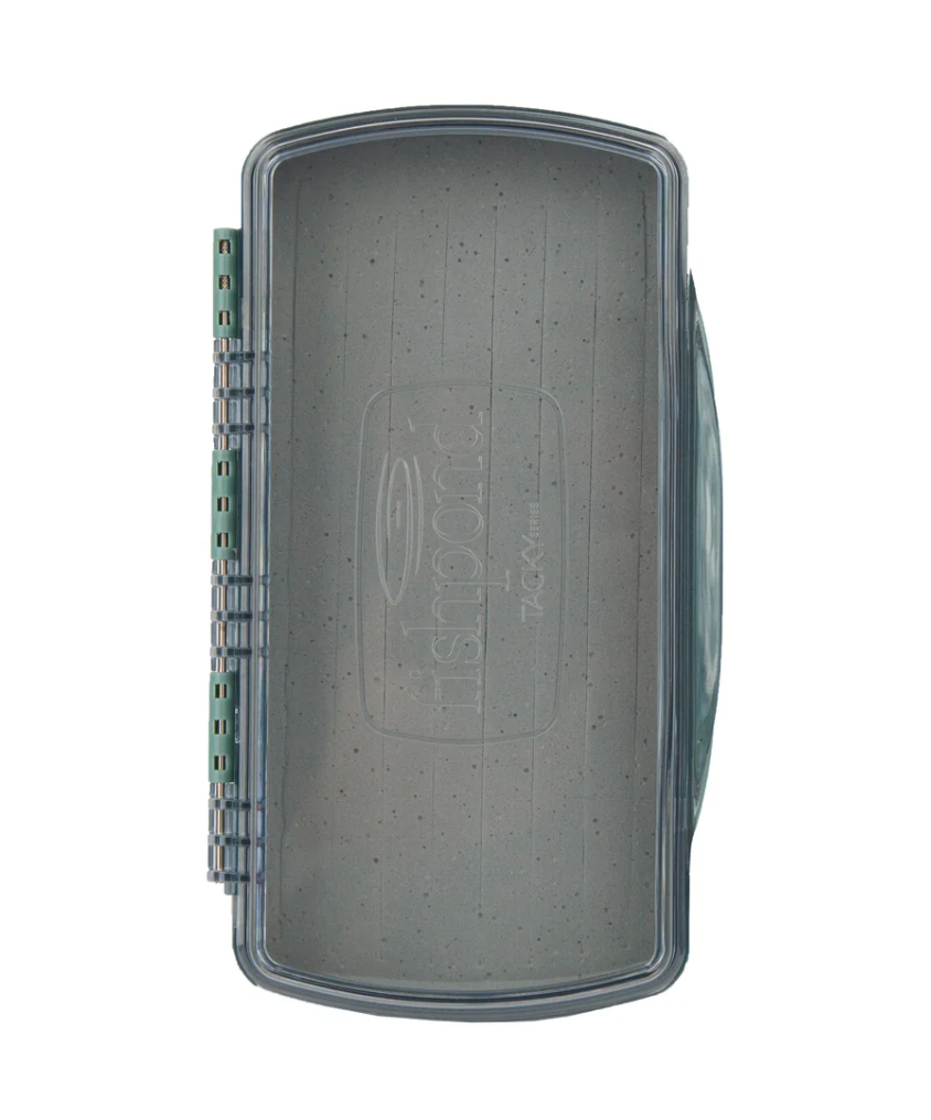 Closed front of Fishpond Tacky Pescador Dynamic Foam Clear Lid Fly Box Medium